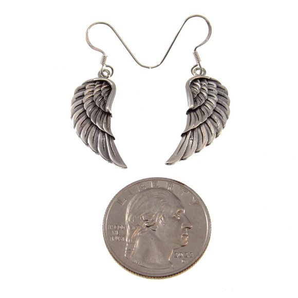 Handcrafted Solid 925 Sterling Silver Angel Wing Drop Dangle Hook Earrings - Picture 2 of 5